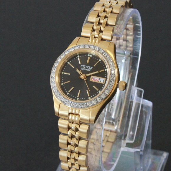 Citizen Ladies Classic Quartz Watch Crystal Bezel Gold Toone Black Dial 26mm main image 4